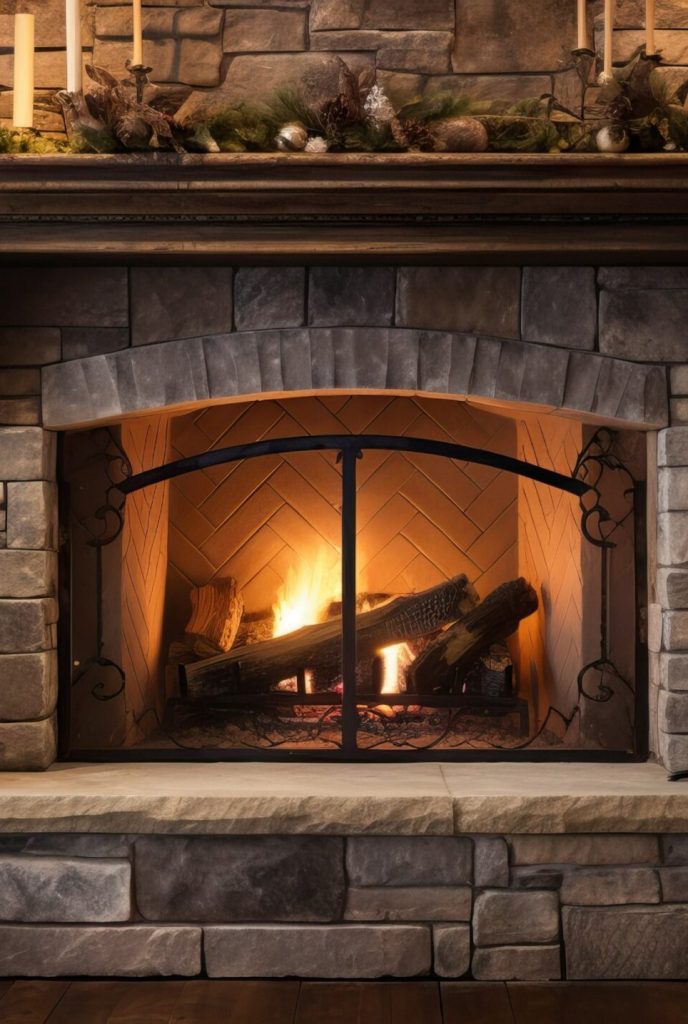 stone fireplace with burning wood, snow and trees outside window