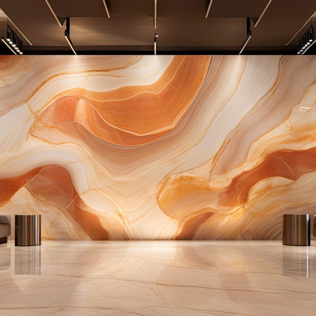 Smooth onyx marble used for interior decoration, with ceramic wall and floor tiles.