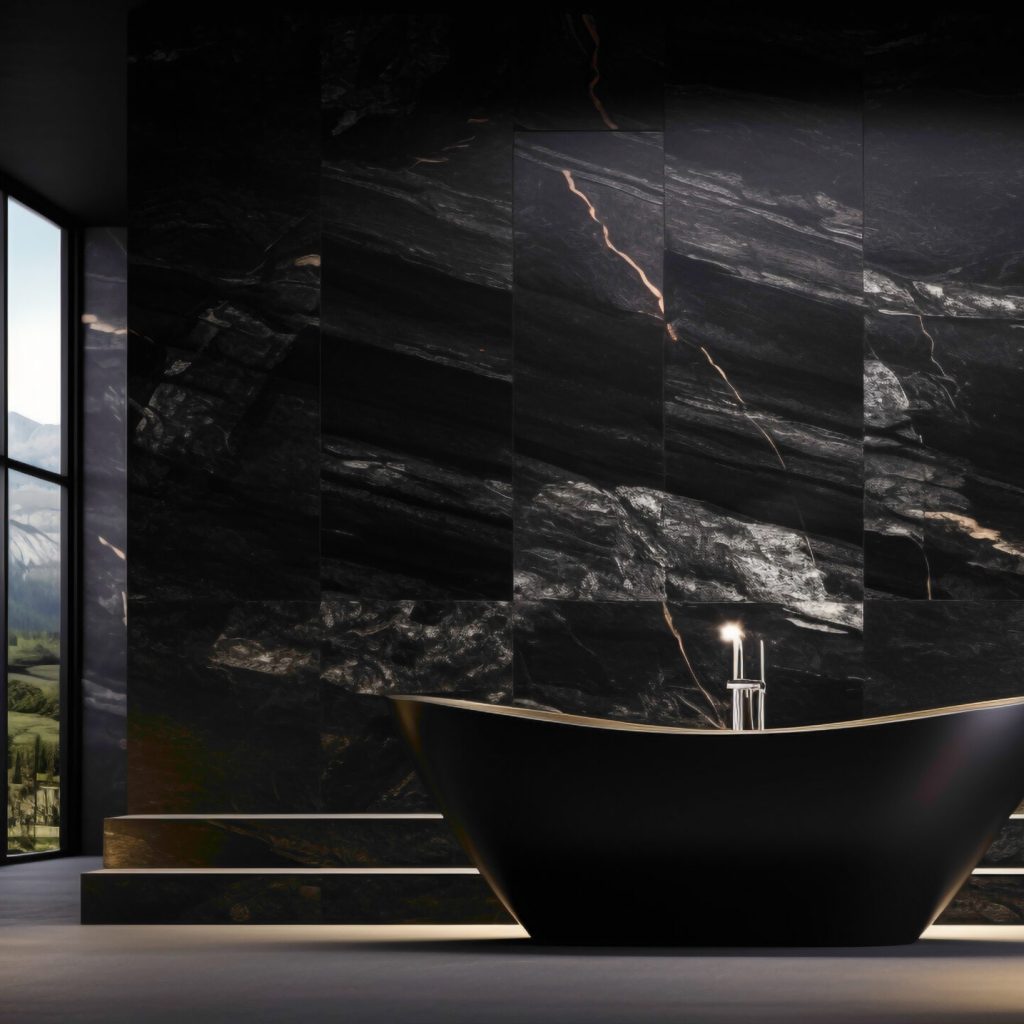 A polished onyx black wall, reflecting a sleek and sophisticated atmosphere, accentuated by its glossy finish.